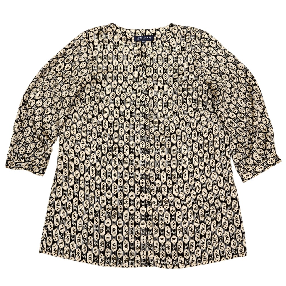 Jones New York Signature Geometric Tribal Print Tunic Top Black Cream Small